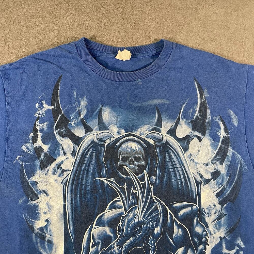 Vintage Dragon Shirt Mens Medium Blue Y2K Skulls Fire Flames Horns Wings Grunge - Picture 6 of 12